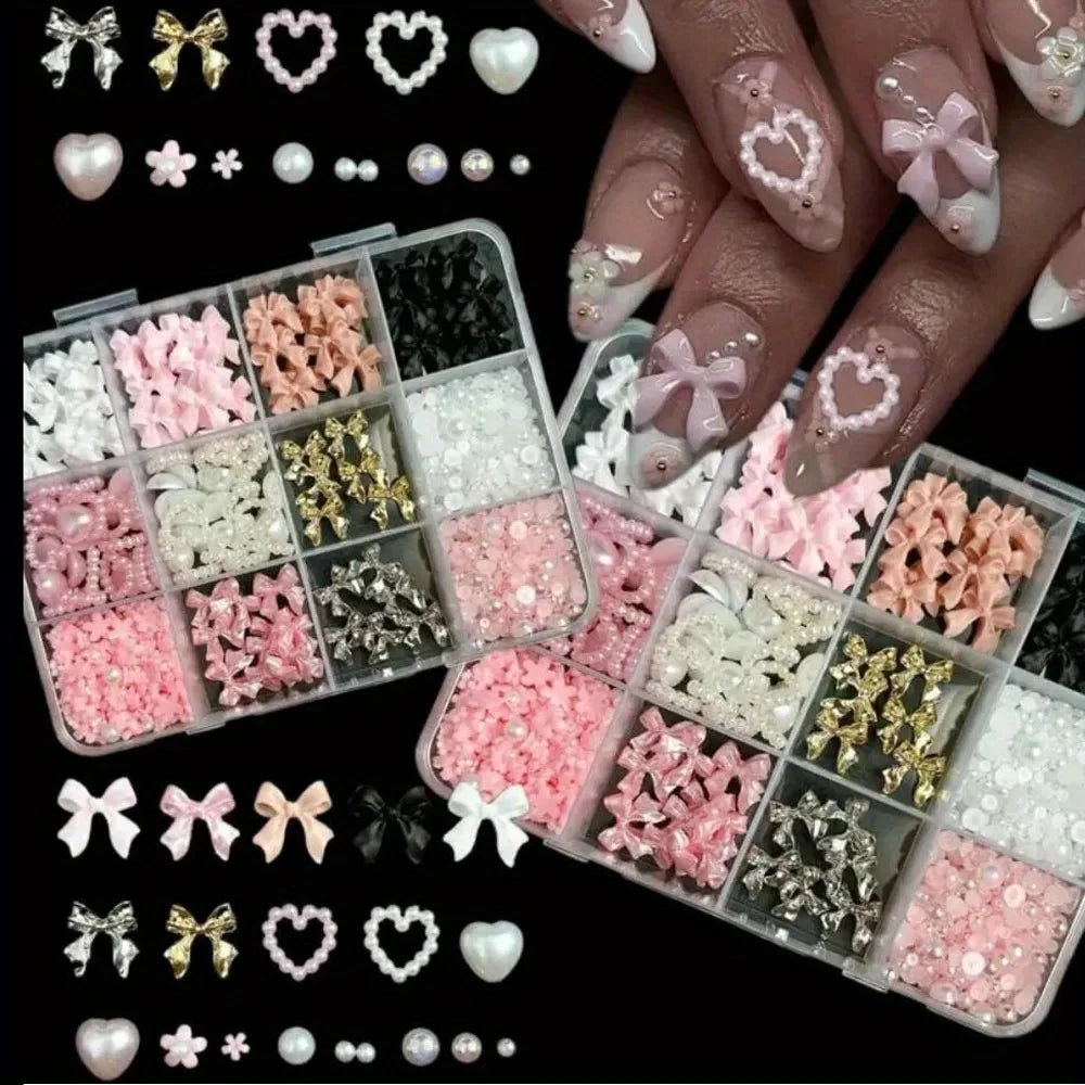 1 Box Multi Ribbon Bow Resin Nail Decoration Mixed Alloy Pearl Love