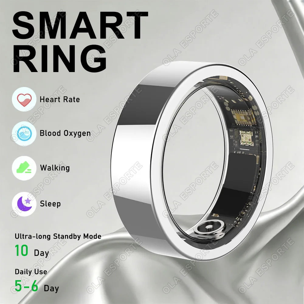2026 New Smart Ring Heart Rate Blood Pressure Sleep Monitoring Motion Tracking IP68 Waterproof Men Women Smart Ring Holiday Gift Peaceful Pleasures Health and Wellness Silver 10