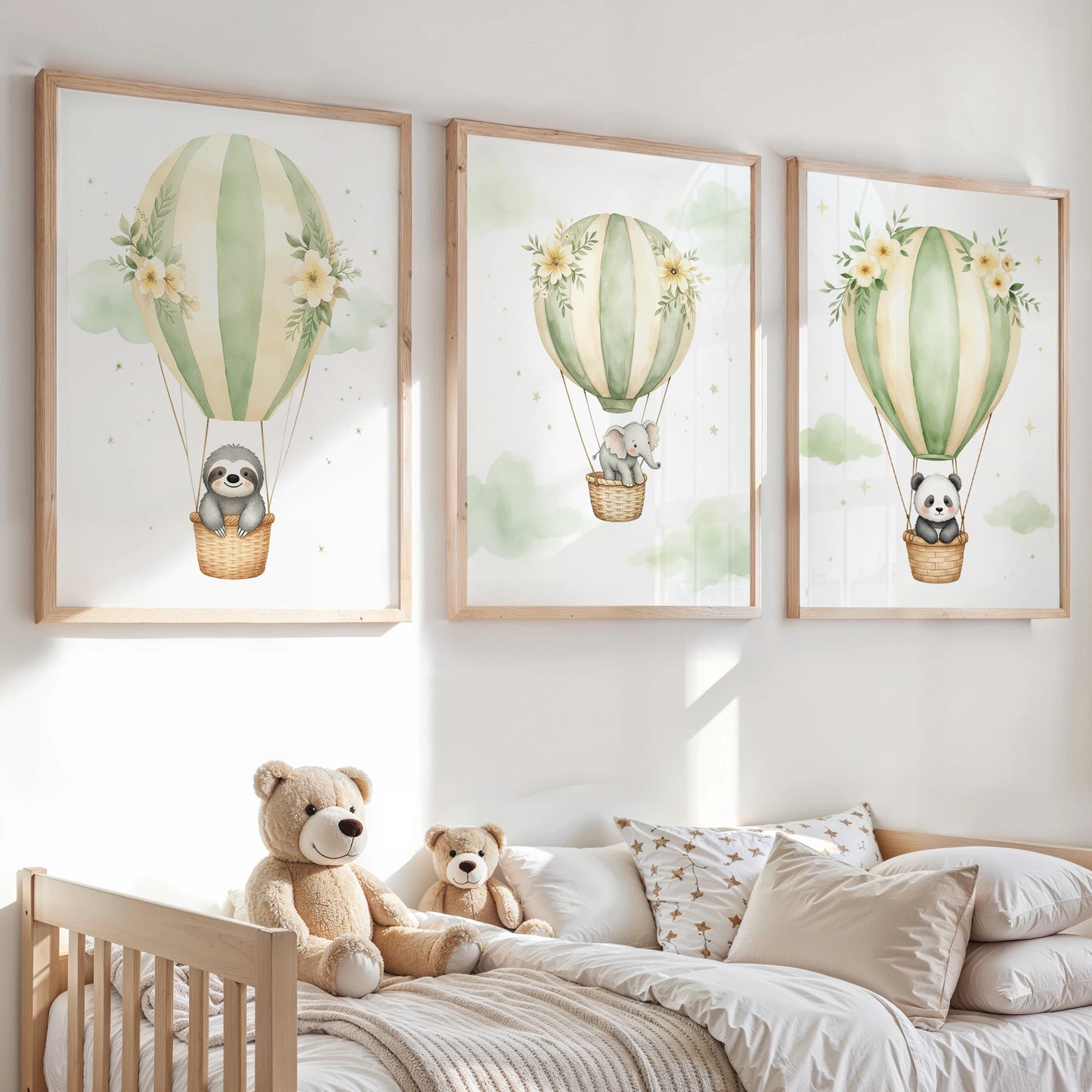 Watercolor Hot Air Balloon Animals Canvas Wall Art | Kids Room