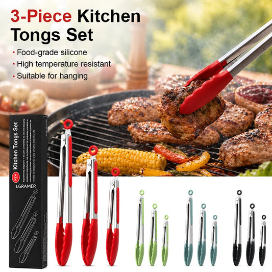 7/9/12 Inch Food Grade Silicone Kitchen Tongs 3 Size Kitchen Tongs Stainless Steel Heat Resistant BBQ Grilling Food Clip Peaceful Pleasures Health and Wellness