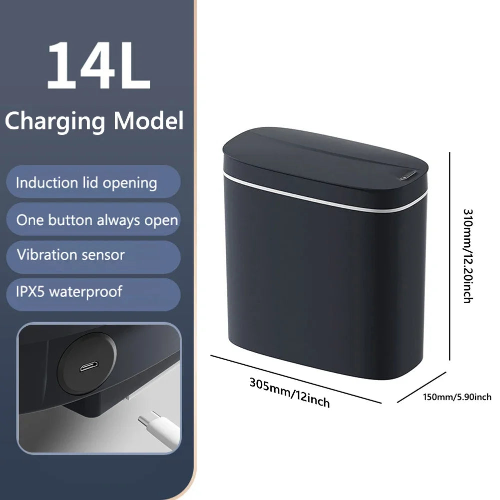 14L Smart Sensor Trash Can with Lid for Kitchen Toilet Bathroom Bins Waterproof Automatic Trash Can Quiet Touchless Wastebasket Peaceful Pleasures Health and Wellness Grey Charge