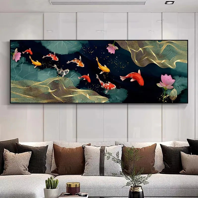 Large Wall Decorative Painting on Canvas Chinese Style Koi Poster Nine Fish Illustration Feng Shui Carp Lotus Pond Home Decor Peaceful Pleasures Health and Wellness ZLH3505 80x240cm Unframed