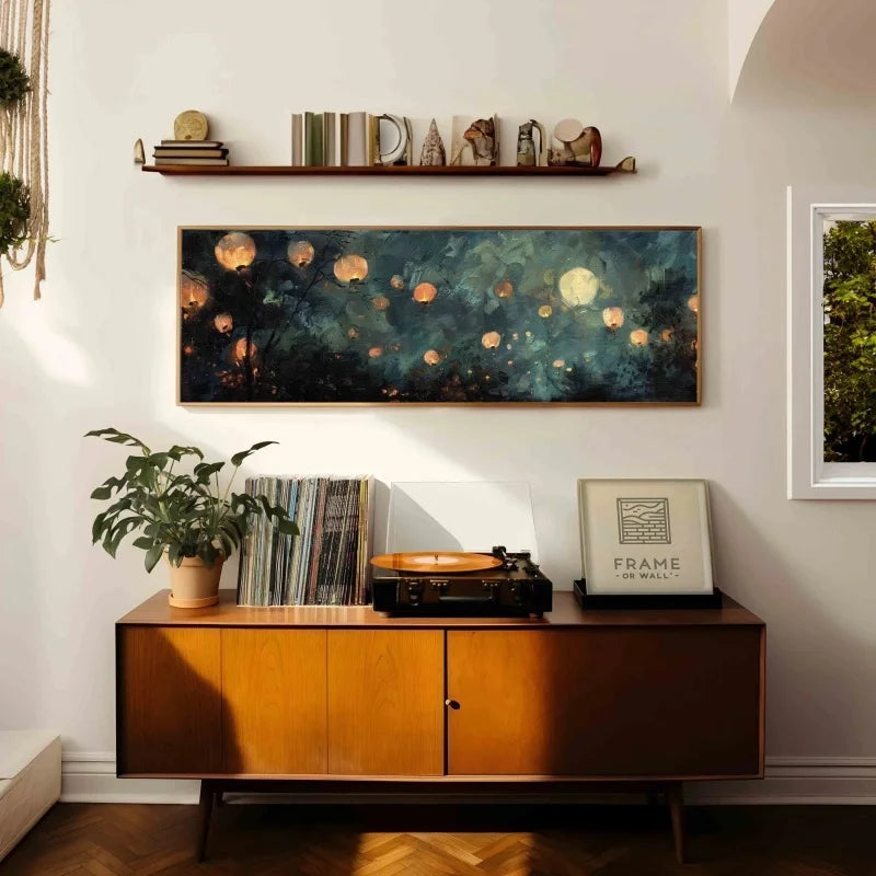 Chinese Lanterns Night Sky Canvas Wall Art | Panoramic Print Canvas Wall Art Print Peaceful Pleasures Health and Wellness