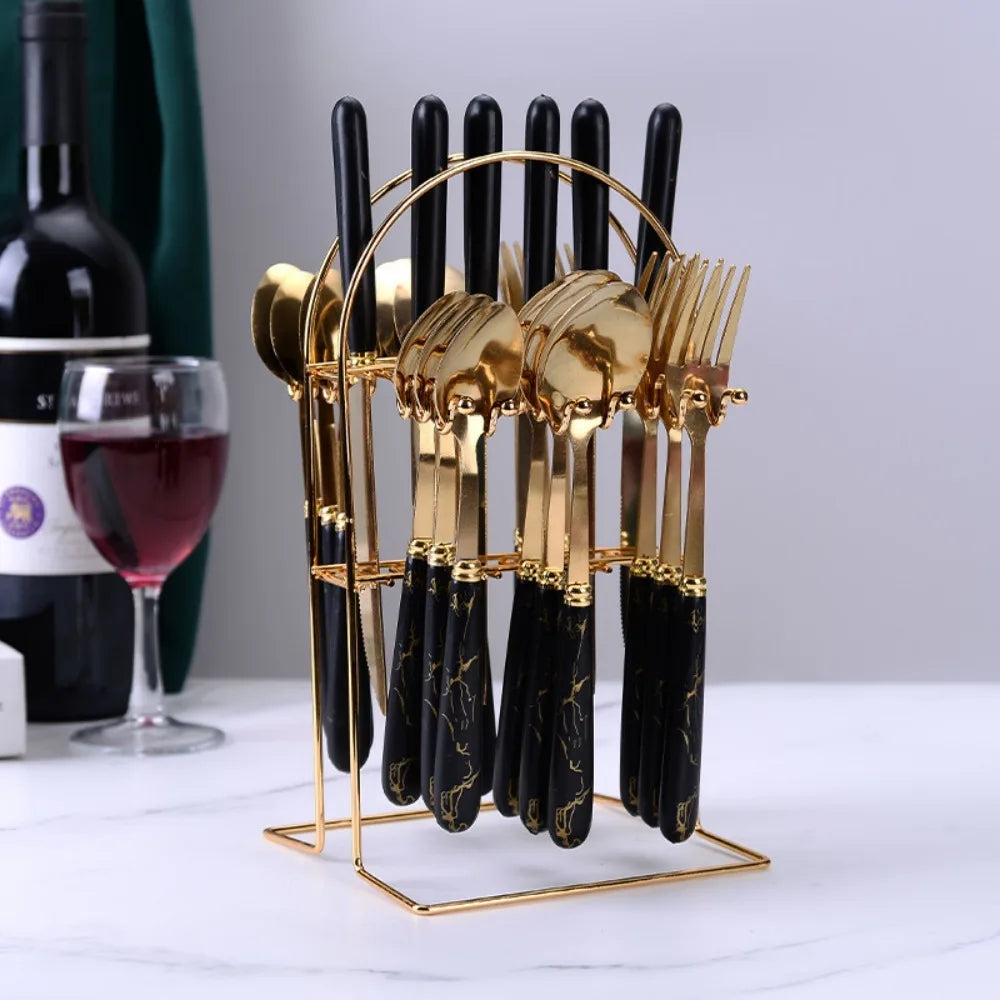 24-Piece Marbled Stainless Steel Cutlery Set with Storage Rack