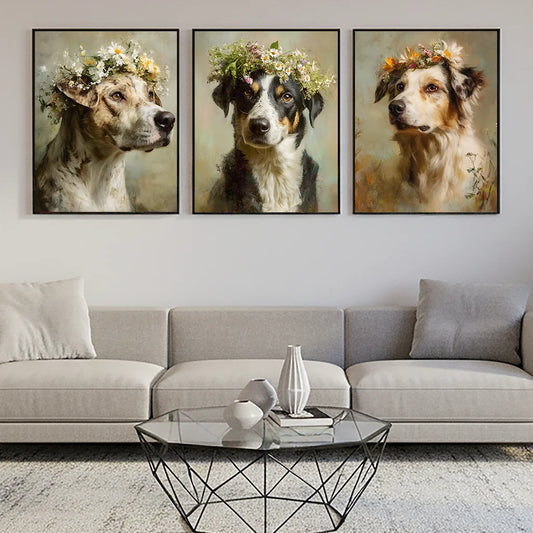 Vintage Puppy Flower Crown Canvas Wall Art | Dog Poster Print Canvas Wall Art Peaceful Pleasures Health and Wellness