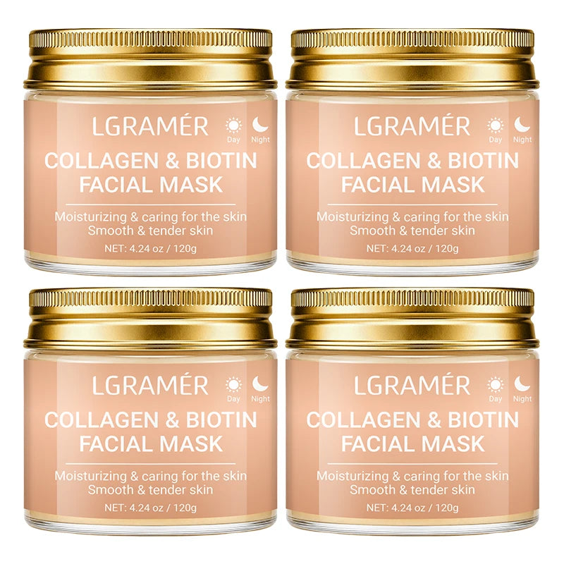 Collagen & Biotin Day Night Mask, Intense Moisturizing Hydration, Smooth Rough Skin, Make Skin Tender Soft & Glowing Facial Care Peaceful Pleasures Health and Wellness 120g-4pcs