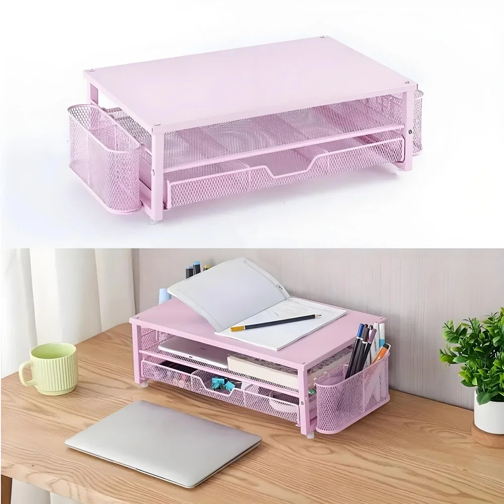 2-Tier Desk Organizers and Accessories, Pink & Black Computer Monitor Stand with Drawer, Pen Storage & Tablet Phone Holder Peaceful Pleasures Health and Wellness