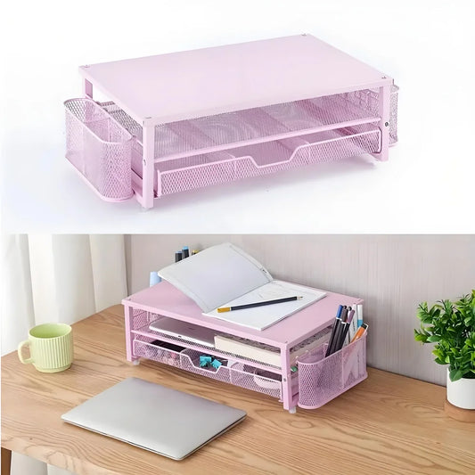 2-Tier Desk Organizers and Accessories, Pink & Black Computer Monitor Stand with Drawer, Pen Storage & Tablet Phone Holder Peaceful Pleasures Health and Wellness