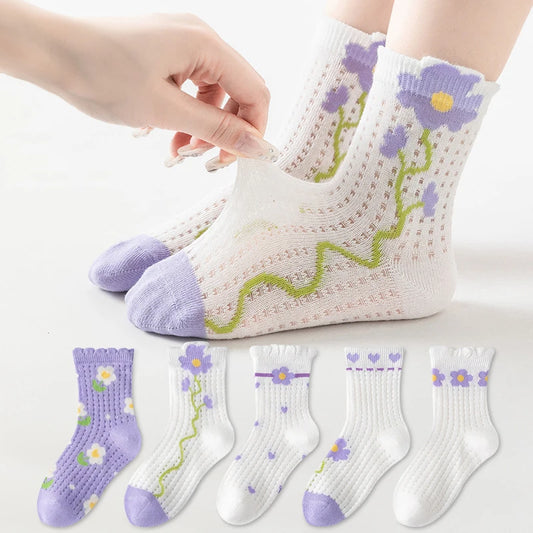5-Pack Girls Soft Floral Cotton Mid-Tube Socks | Ages 1–12 Girls Kids Socks Peaceful Pleasures Health and Wellness 5pairs S 0-2T