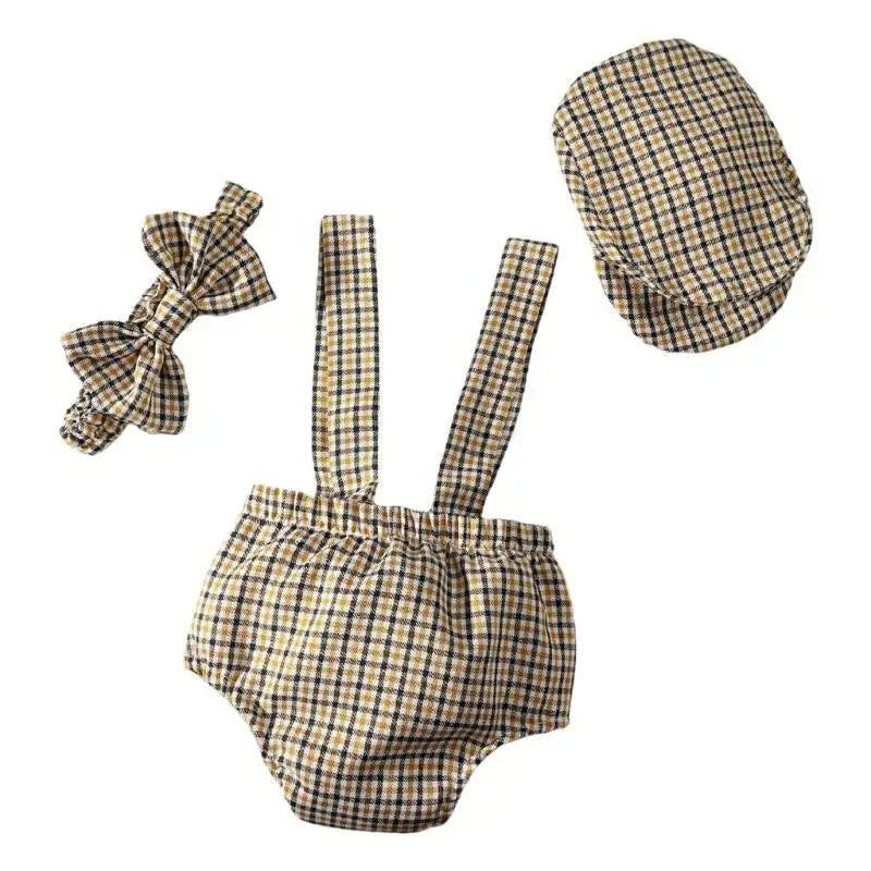 Newborn Boy Gentleman Outfit – Checkered Pants, Hat & Bowtie