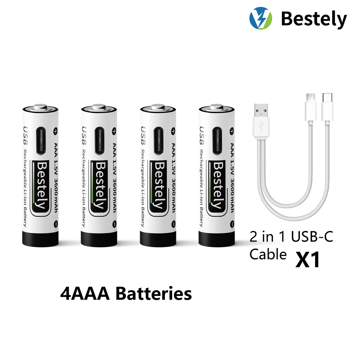 AAA Battery Rechargeable Li-Ion 1.5V 3600mAh 2000 Cycles USB-C Fast Charging Long-Lasting with free USB- C Cable Peaceful Pleasures Health and Wellness 4 pcs Batteries