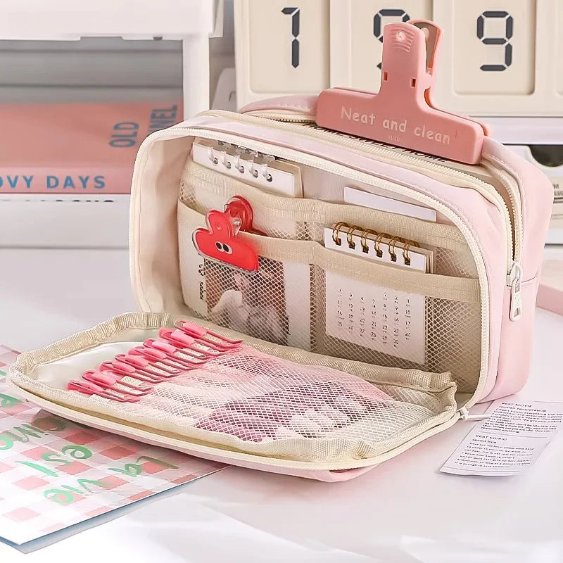 Pink Pencil Case Large Capacity 3 Compartments School Pencils Bag Zipper Pen Pouch Back To School For Girls Stationery Supplies Peaceful Pleasures Health and Wellness