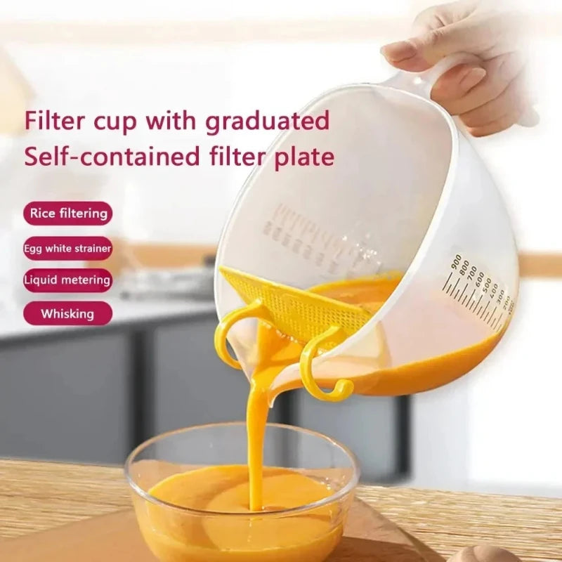 Food Grade Egg Liquid Filter Measuring Cup with Graduated and Diversion Port Egg Beater Cup for Rice Washing and Fruit Cleaning Peaceful Pleasures Health and Wellness