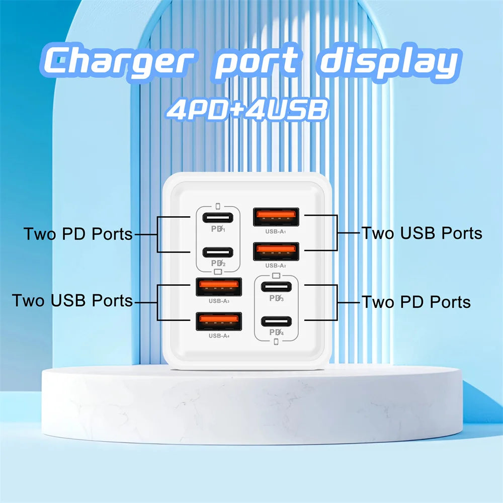 240W GaN 8-Port USB-C PD Fast Charger | QC 3.0 Wall Adapter