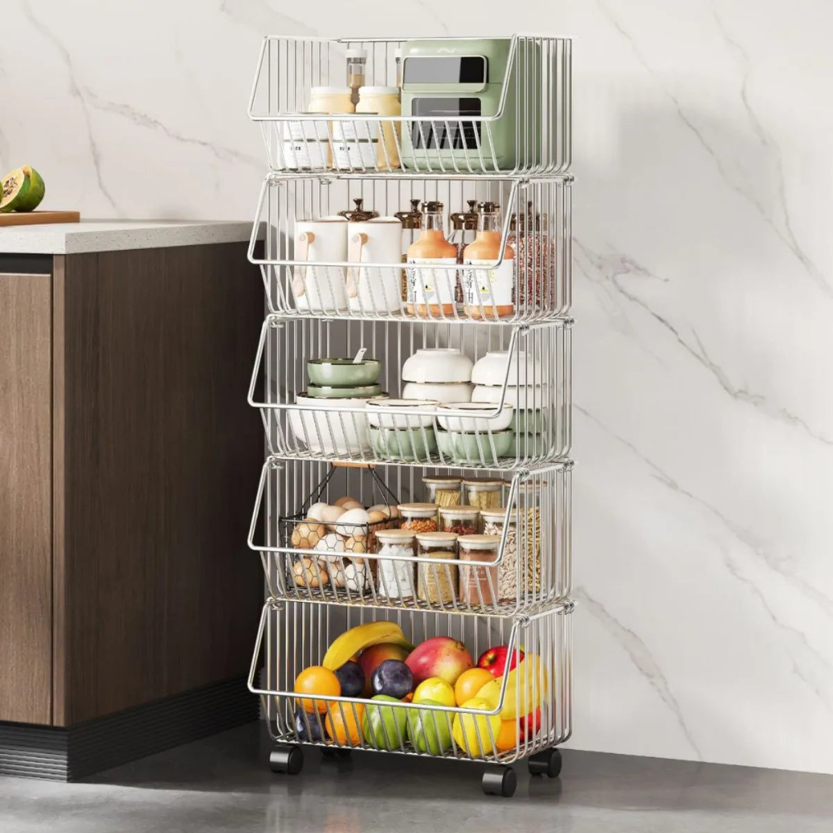 Sturdy Heavy Duty Space Saving Multilayer Kitchen Vegetable Fruit Storage Rack Rolling Cart with Baskets for Home Pantry Peaceful Pleasures Health and Wellness