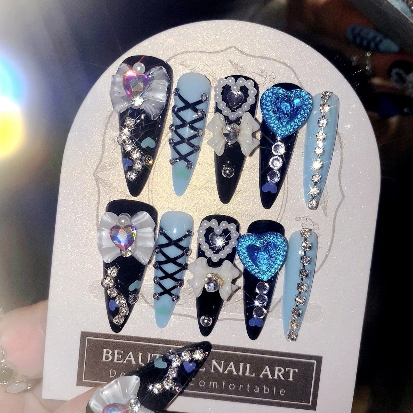 24pcs 3D Bow Press On Nails | Y2K Glitter Rhinestone Almond Set Press On Nails Peaceful Pleasures Health and Wellness