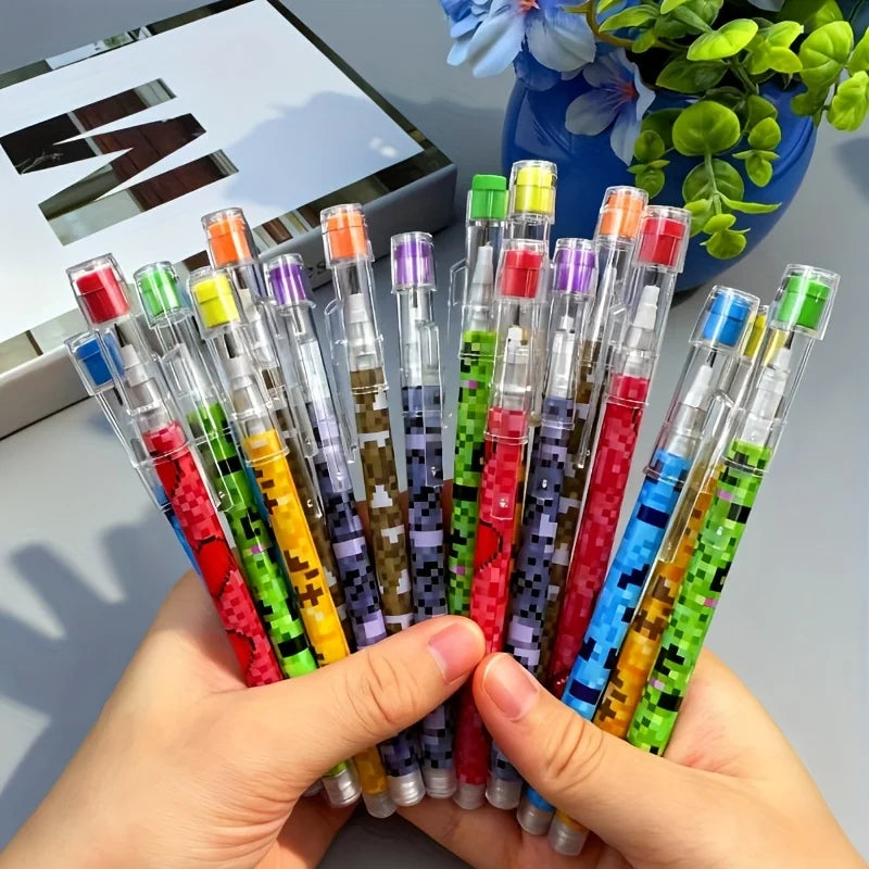 16-Piece Set of Pencils with Random Colors and Pixel Pattern Designs, Cartoon Pencils, Student Prize Pencils, Pencils with Erasers, Stationery Store Supplies, Great Learning and Gift Items Peaceful Pleasures Health and Wellness
