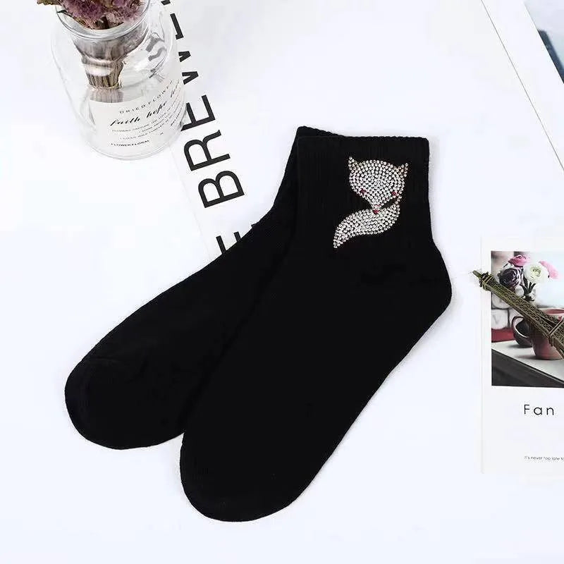 New Rhinestone Decorative Socks, Fashionable Diamond Sparkling Socks, Cute Cartoon Animal Pattern Comfortable Low Cut Socks Peaceful Pleasures Health and Wellness black 36-42