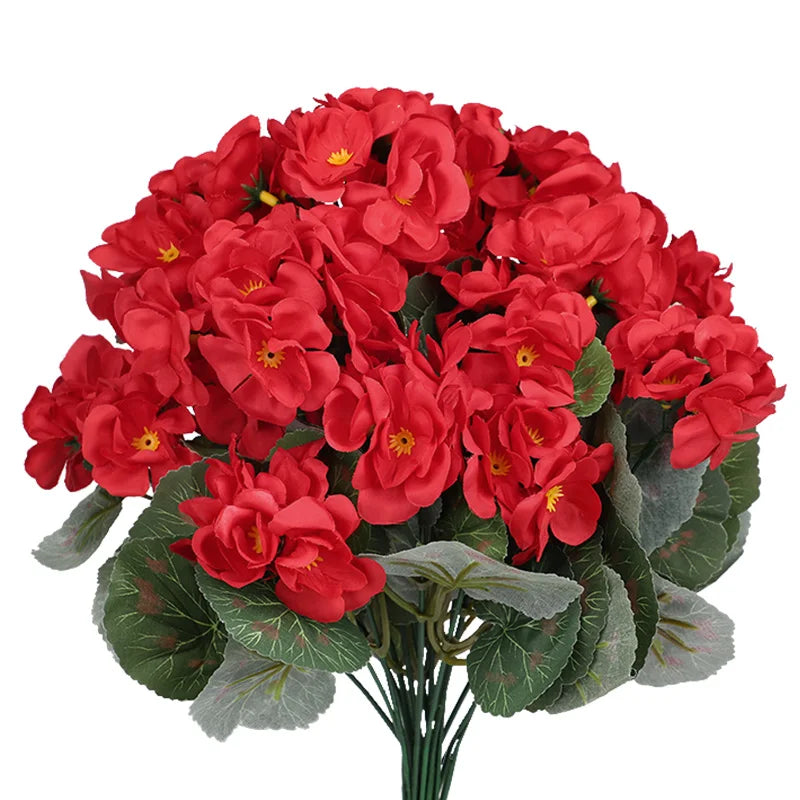 2Pcs Artificial Silk Geranium Flowers | Red Fake Plants for Home