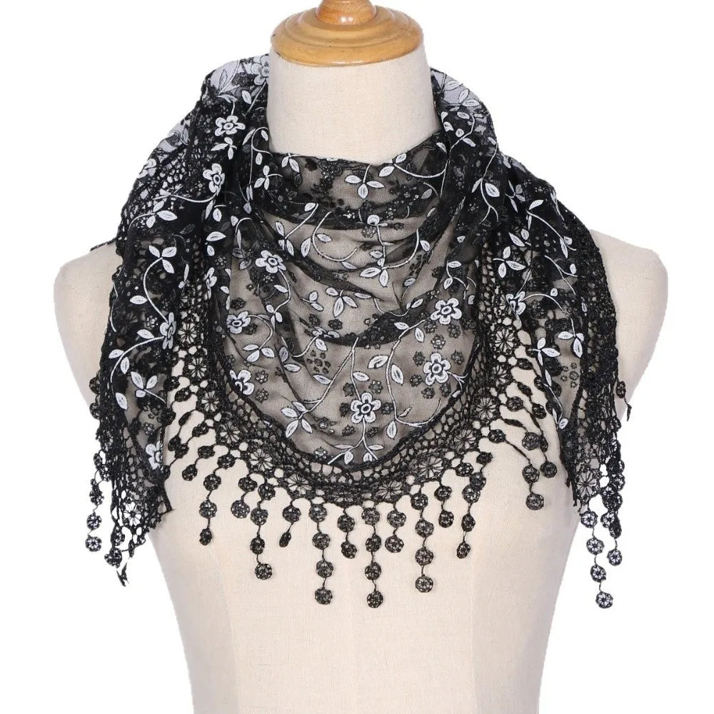 Women's Triangle Lace Veil Headscarf – Floral Sequined Scarf