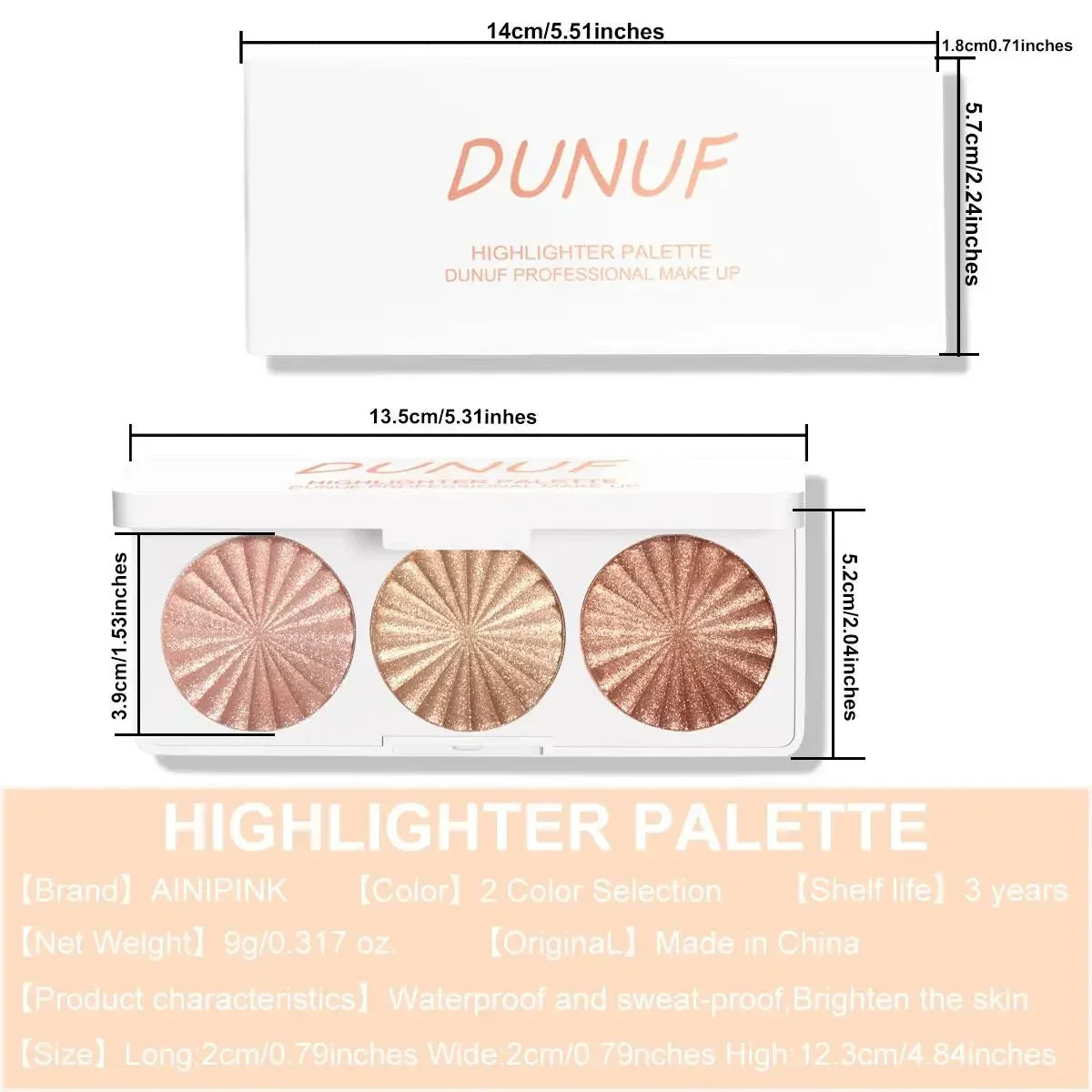 DUNUF 4-in-1 Baked Highlighter Palette – Waterproof Face Makeup