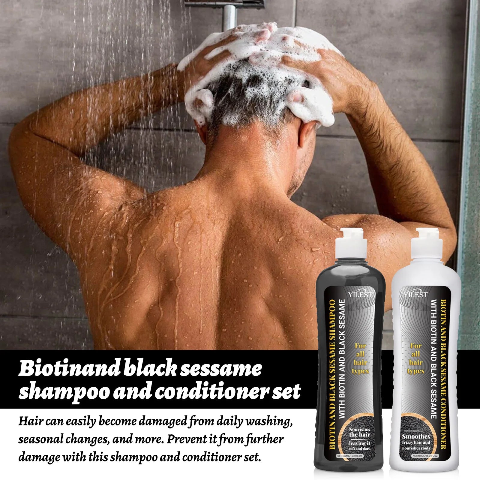 Biotin & Black Sesame Shampoo Conditioner Set Hair Repair Treatment Nourishing & Strengthening 450ml x 2 for All Hair Types Peaceful Pleasures Health and Wellness