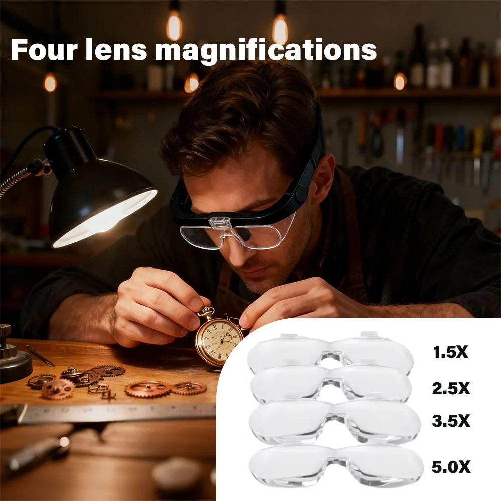 Adjustable Magnification Magnifying Glasses 1.5X-5.0X with USB Rechargeable LED Light - Head Mounted Eyewear for Precision Tasks Peaceful Pleasures Health and Wellness