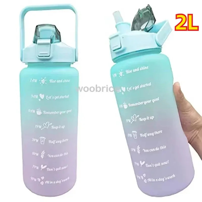 2L Motivational Sports Water Bottle with Time Marker & Straw