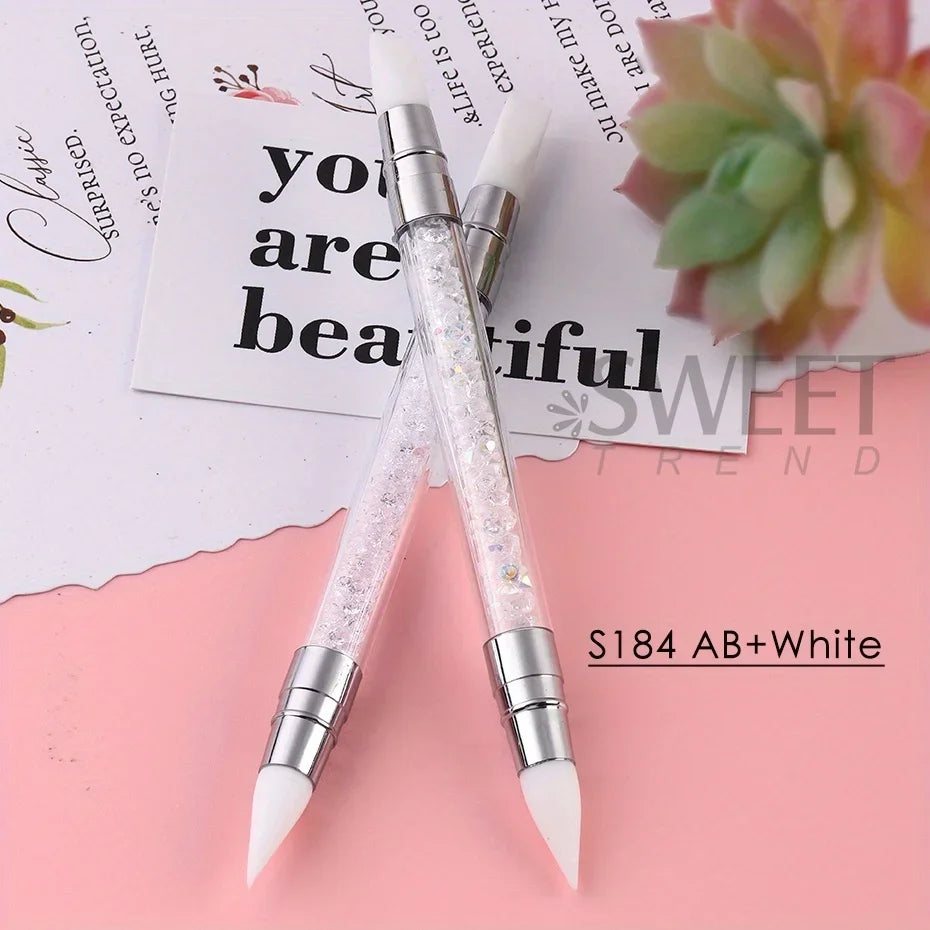 2pcs Double Head Silicone Nail Art Pen Carving Flower Sculpting Pen Adjustable Glue Stick Embossing Brush Professional Manicure Peaceful Pleasures Health and Wellness S184 AB-White
