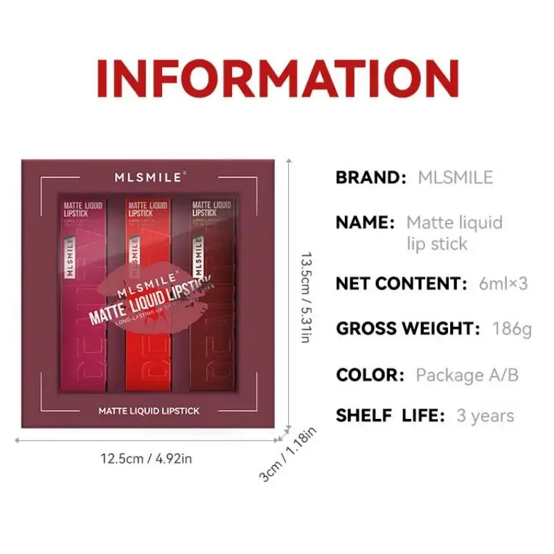MLSMILE 3-Piece Matte Velvet Lip Gloss Set – 16Hr Wear