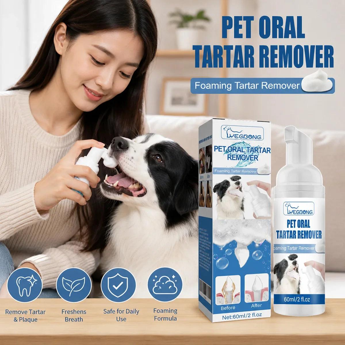 Pet Oral Foam Spray – No-Brush Tartar Remover for Dogs & Cats