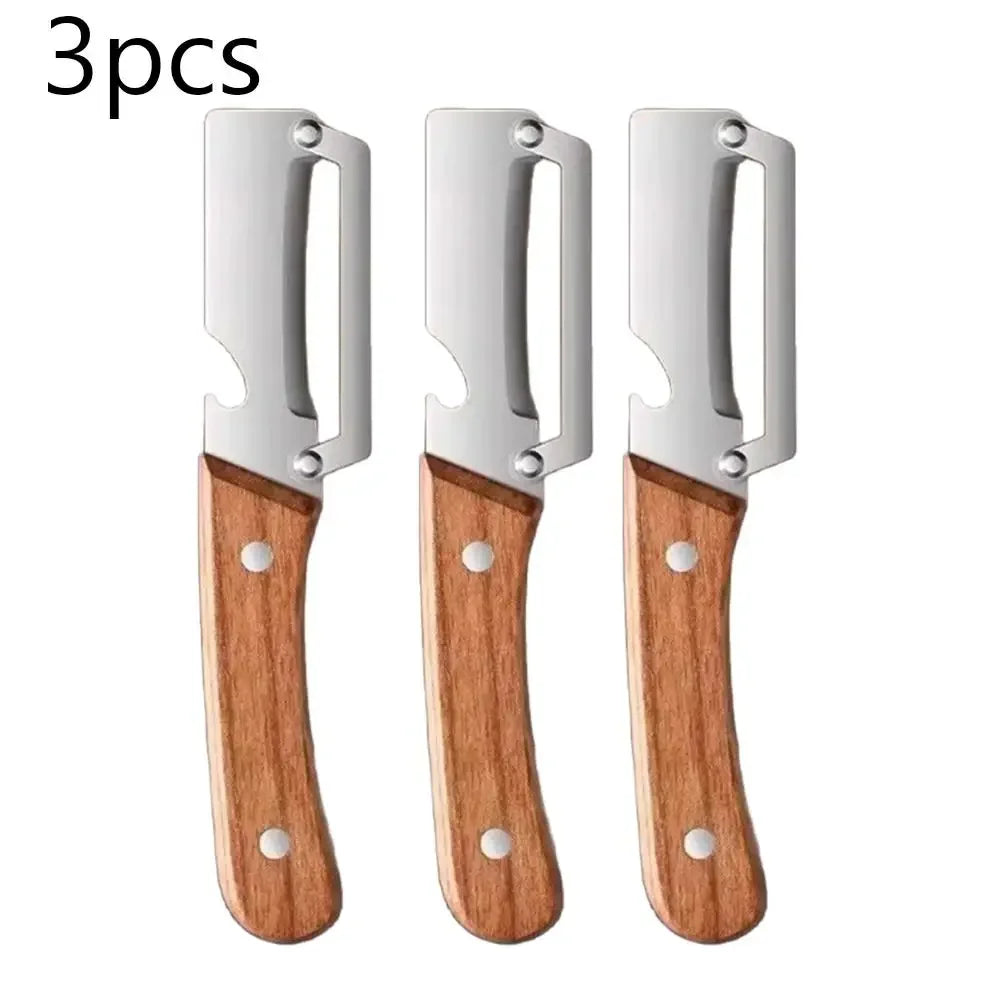 3-in-1 Multifunction Kitchen Peeler, Wooden Handle Stainless Steel Serrated Knife, Vegetable Fruit Peeler Shredder Bottle Opener Peaceful Pleasures Health and Wellness 3 X Peeler