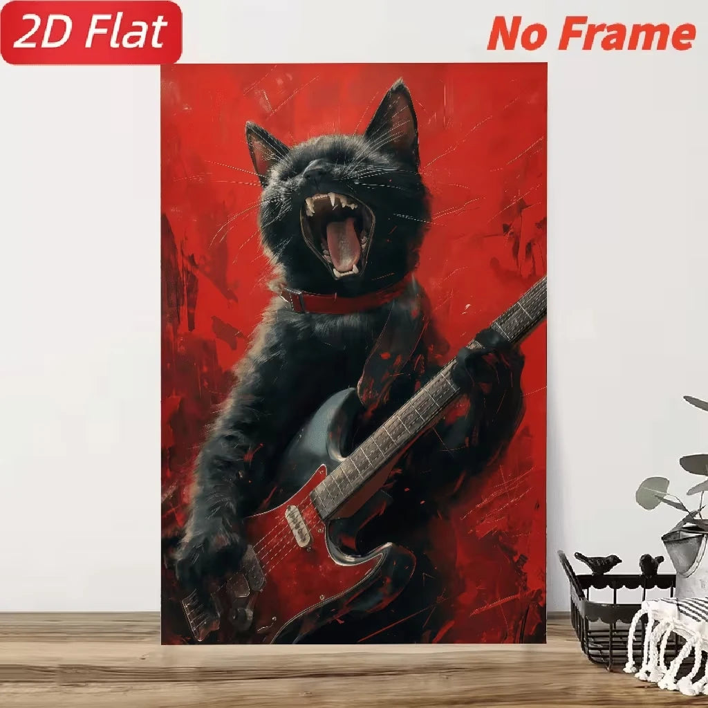 Black Cat Playing Guitar Canvas Wall Art | Rock Music Print