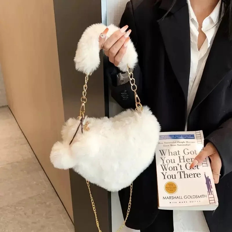 New Korean Style Plush Bags Trendy Heart-shaped Crossbody Bags Versatile Autumn Winter Single Shoulder or Handheld Clutch Wallet Peaceful Pleasures Health and Wellness