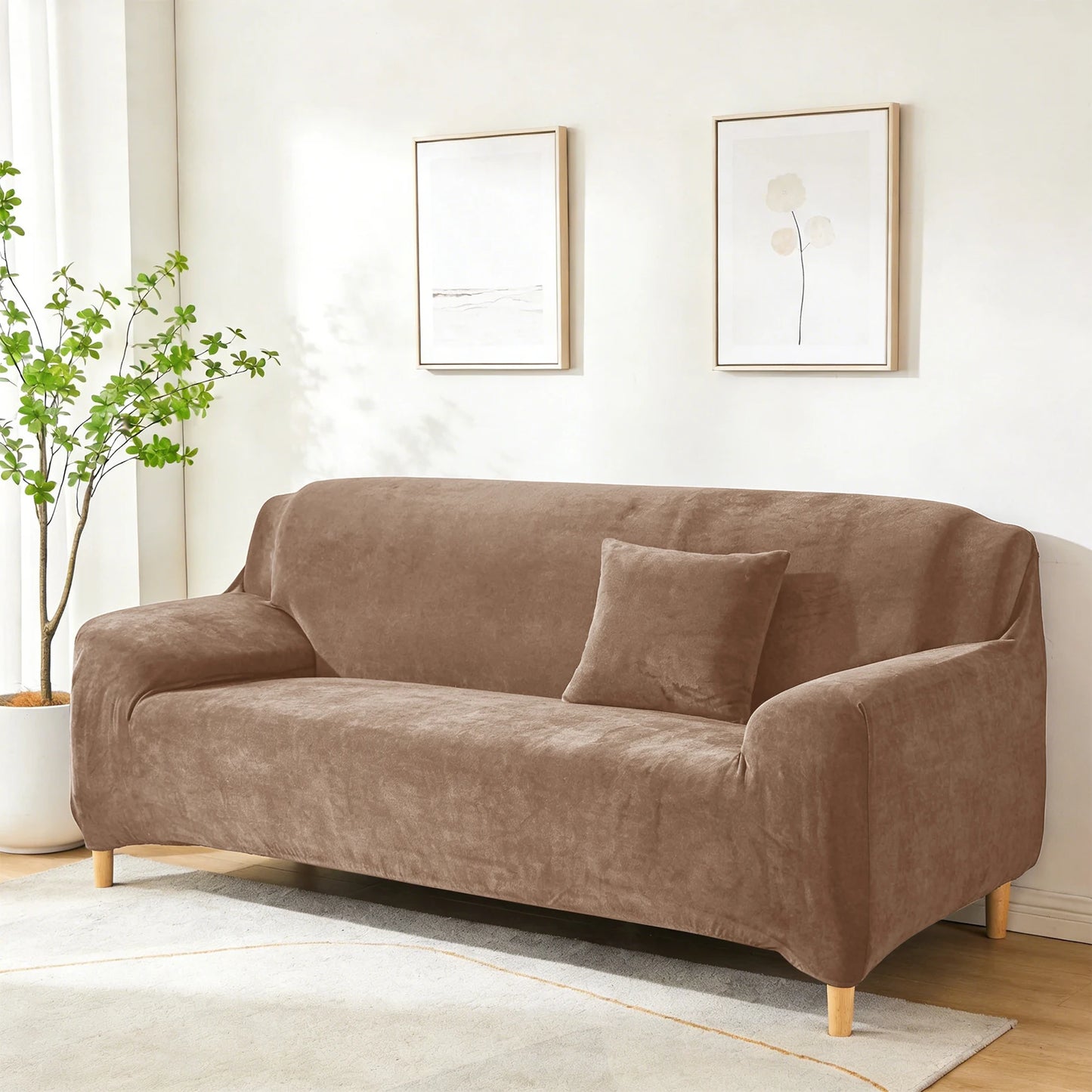 New Velvet Plush Stretch Sofa Slipcover Non Slip Soft Couch Loveseat Covers Furniture Protector with Elastic Bottom for Kids Pet Peaceful Pleasures Health and Wellness Khaki 4 Seat ( 225-290cm)