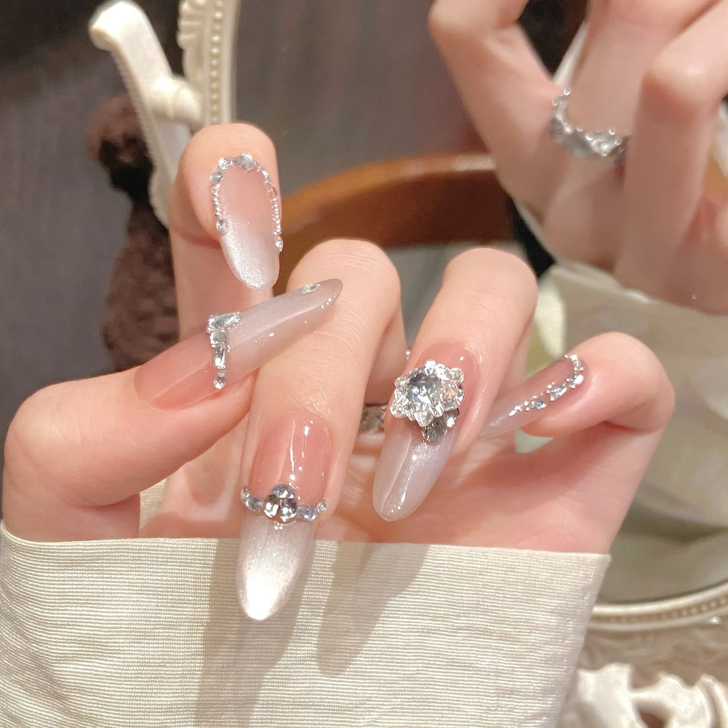 Handmade Korean Cat Eye Press on Nails Shiny Sweet Nude Cat Eye Fake Nails for Women Girl Wearable Rhinestone Decor False Nails Peaceful Pleasures Health and Wellness S 1