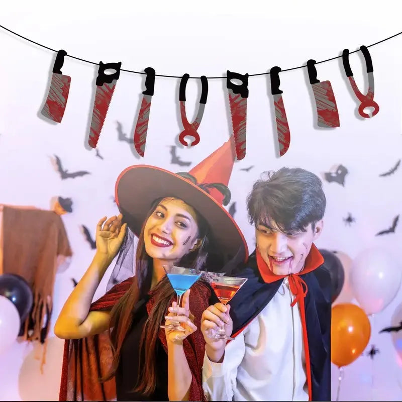 Halloween Bloody Knife Hanging Banner Horror Prop – 1–4 Sets