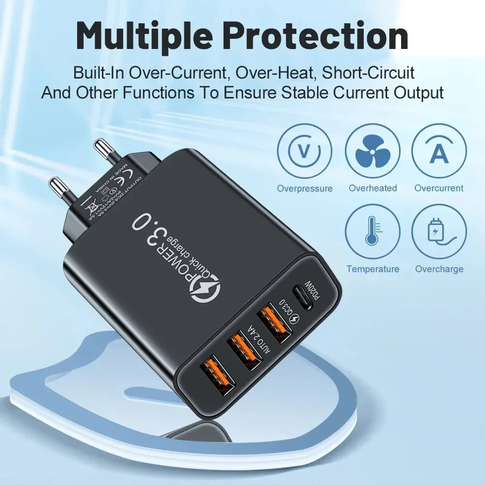 48W 4-Port USB Wall Charger – USB-C & USB-A for iPhone & Android