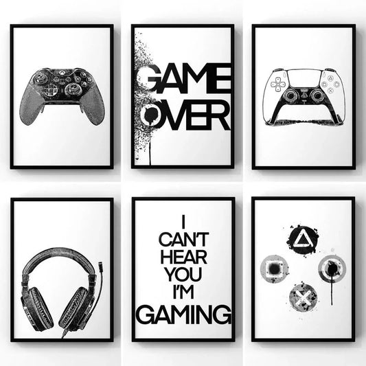 Black & White Gaming Canvas Wall Art – Unframed Gamer Poster Canvas Wall Art Peaceful Pleasures Health and Wellness