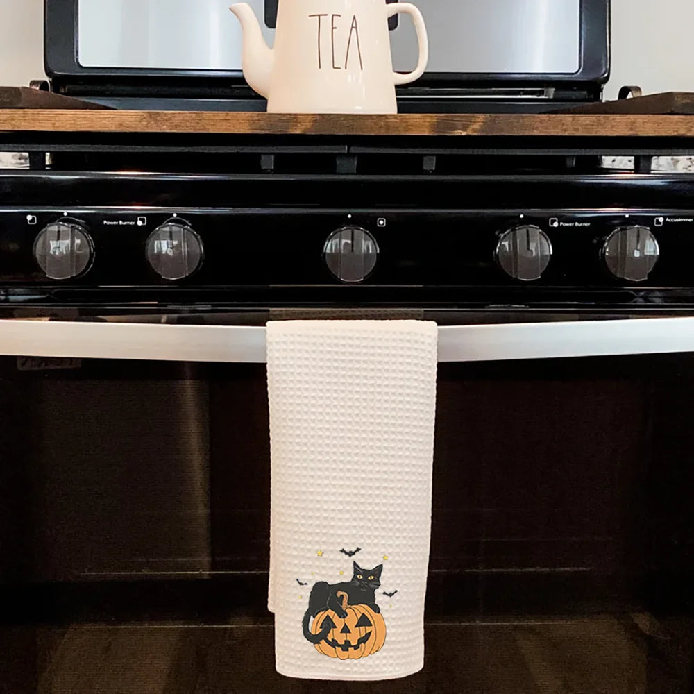 Halloween Black Cat Waffle Tea Towel Kitchen Dish Towel Halloween Jack O Lantern Kitchen Decor Holiday Housewarming Hostess Gift Peaceful Pleasures Health and Wellness