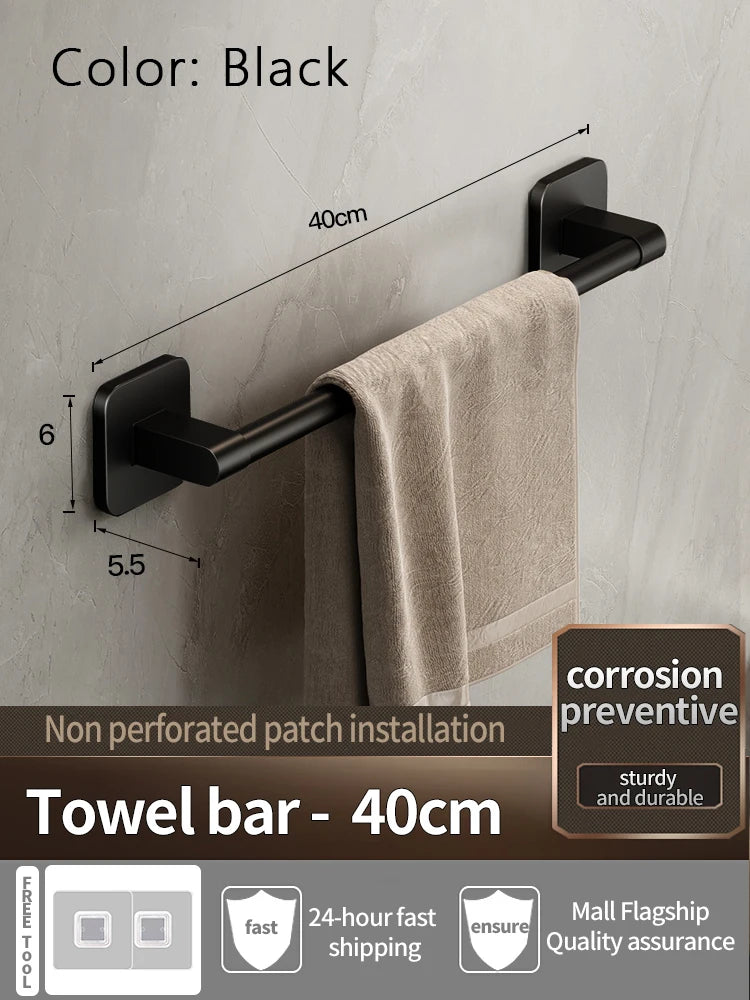 No-Drill Self-Adhesive Towel Bar | Black Aluminum Towel Rack