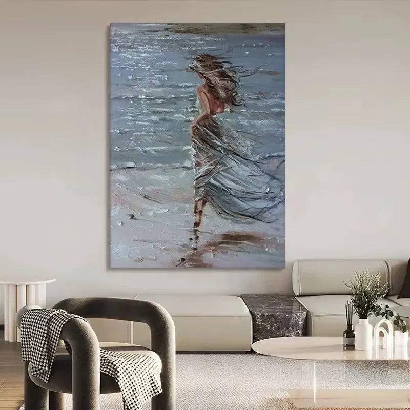 Modern Abstract Seaside Girl Art Oil Painting,3D Texture Hanging Painting,Wall Decor,100% Handmade,Hang Picture for Living Room Peaceful Pleasures Health and Wellness No frame 60cmx90cm