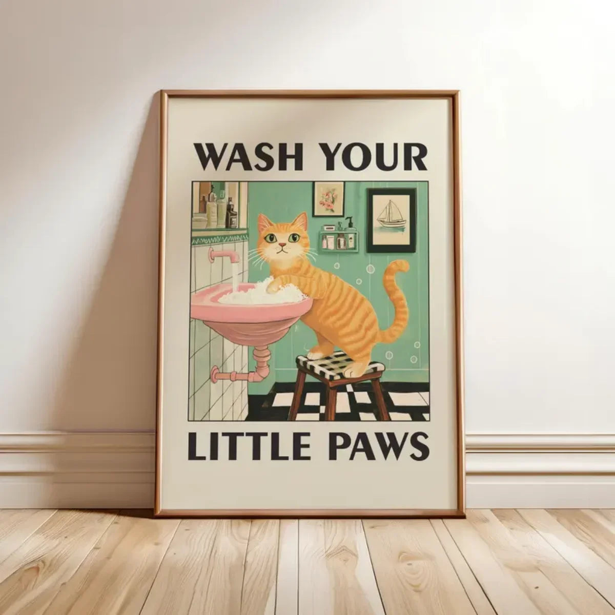 Funny Cat "Wash Your Paws" Canvas Wall Art | Bathroom Decor