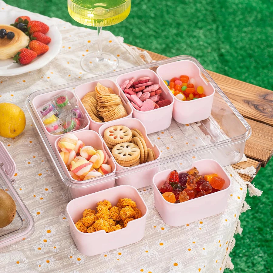 Snackle Box Container – 8-Compartment Divided Serving Tray with Lid & Handle for Candy, Fruit & Snacks