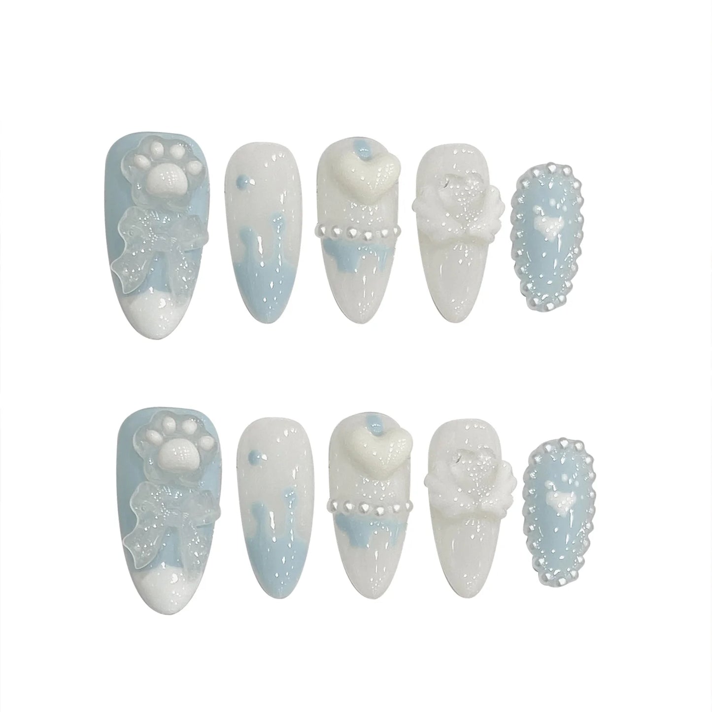 Handmade Press on Nails Light Blue Cute Bear Cat Claws Design Fake Nails French Pearls Love Decor Almond False Nail Tips Peaceful Pleasures Health and Wellness M 2