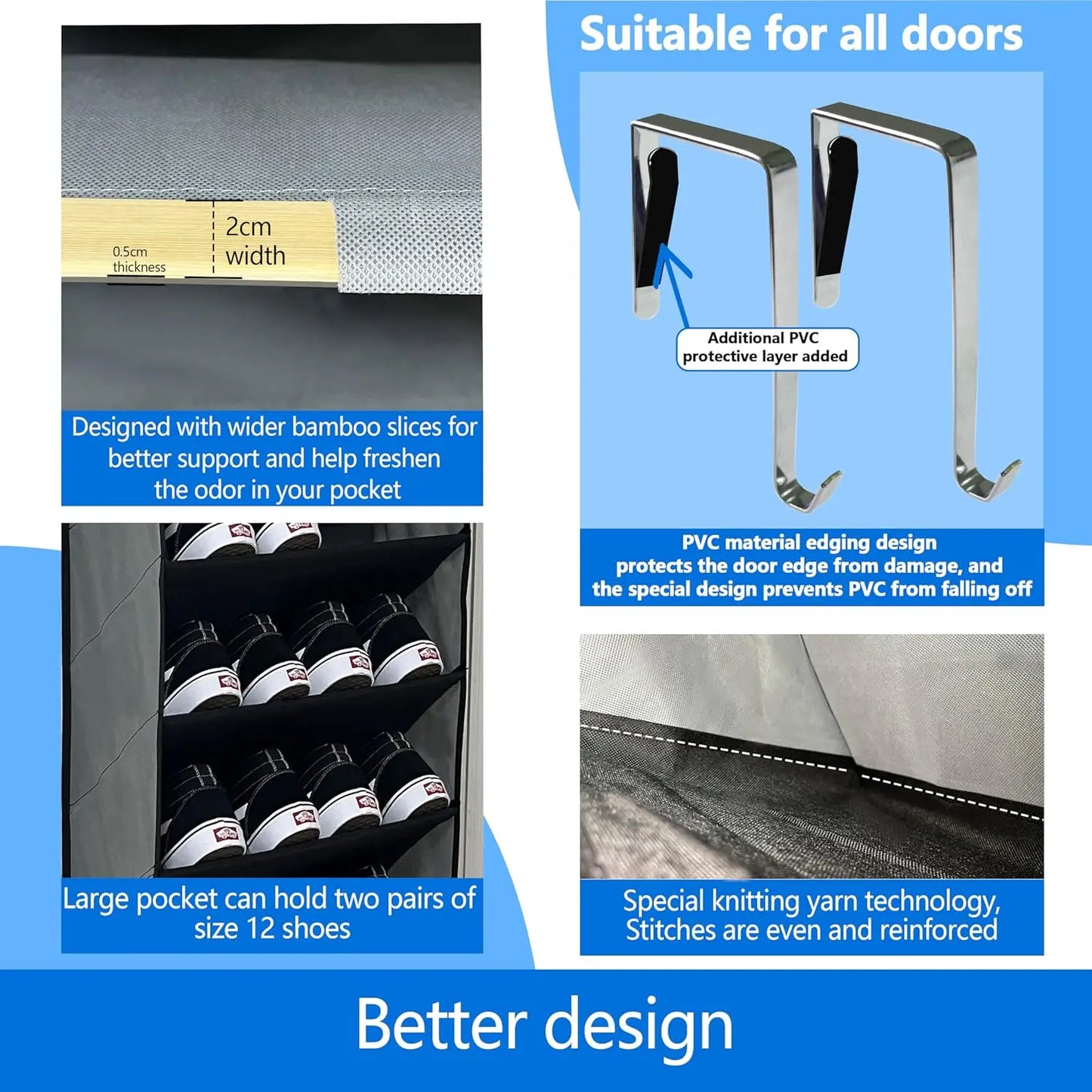 Shoe rack with features highlighted on a blue background