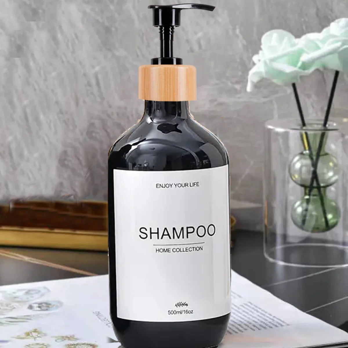 Bathroom Shampoo Dispenser Set 500ml Conditioner Body Wash Bottles Refillable Dispenser Farmhouse Decoration Storage Bottles Peaceful Pleasures Health and Wellness Black-S
