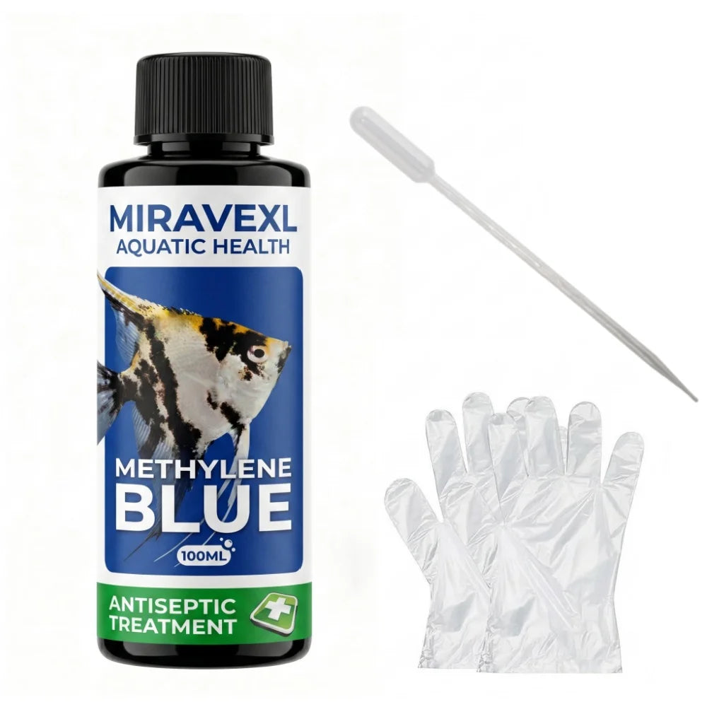 MIRAVEXL 100ml Methylene Blue Aquarium Fish Antiseptic Treatment Fungus Ich Parasite Cure Water Care Drops Pipette Gloves Set Peaceful Pleasures Health and Wellness 1PCS