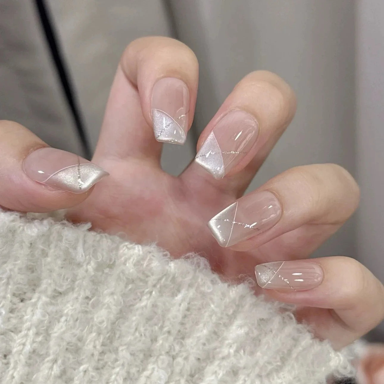Handmade Press on Nails Short French White Cat Eye False Nails Daily Wearable Sweet Korean Shiny Powder Design Fake Nail Tips Peaceful Pleasures Health and Wellness