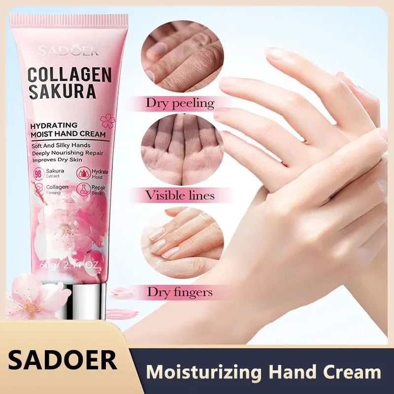 SADOER Sakura Collagen Hand Cream Moisturizing & Nourishing, Brightening Care, Anti-Wrinkle Anti-Crack Cream for Hands 60G Peaceful Pleasures Health and Wellness